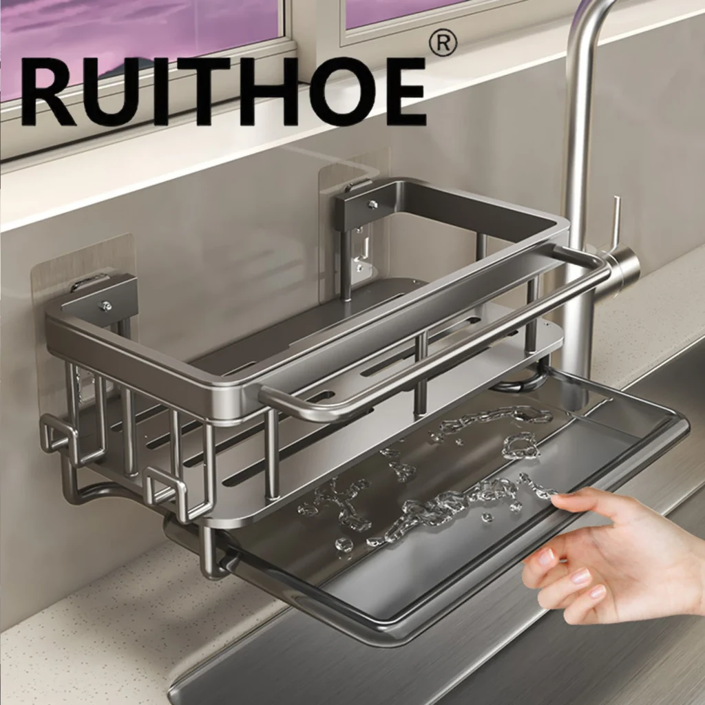 Kitchen Sink Drain Rack With Tray Aluminum Sink Shelf Soap Sponge Holder Dishcloth Towel Rack filter basket — Kitchen