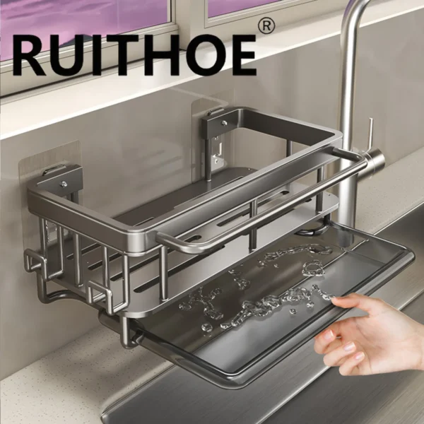 Kitchen Sink Drain Rack With Tray Aluminum Sink Shelf Soap Sponge Holder Dishcloth Towel Rack filter basket — Kitchen