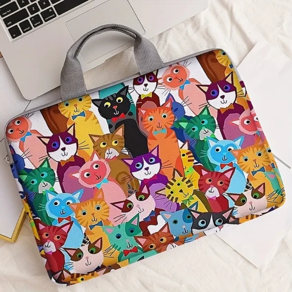 One Piece Set, Two Styles, Colorful Cartoon Cat Pattern Printed Laptop Bag, Briefcase, Suitable for 14 Inch Laptops — One