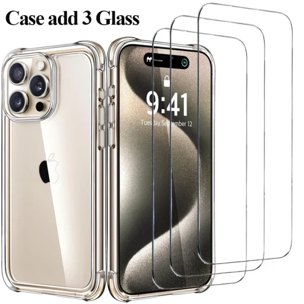 Armor 9H Glass + Case for iphone 11 12 13 14 15 16 pro silicone cover iphone 15 pro max screen protector shockproof clear cases — Armor
