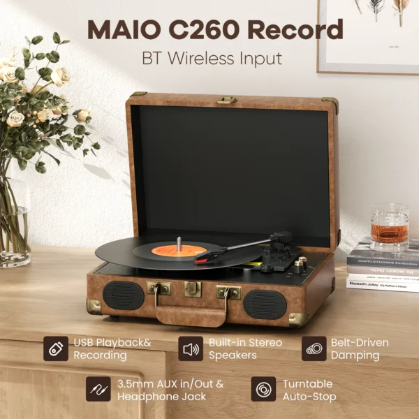 Maio C260 belt-driven Vintage gramophone device, vinyl record, turntable , high-fidelity stereo, built-in speaker, 3-speed — Maio