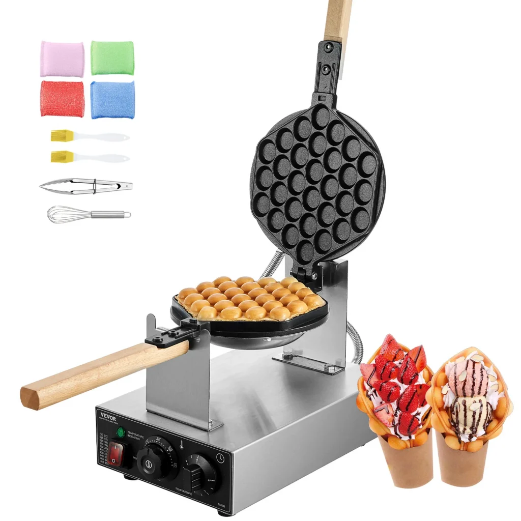 SucceBuy Commercial Egg Bubble Waffle Maker 1400W Non-Stick Stainless Steel Bubble Puff w/180° Rotatable 2 Pans & Wooden Handles — SucceBuy