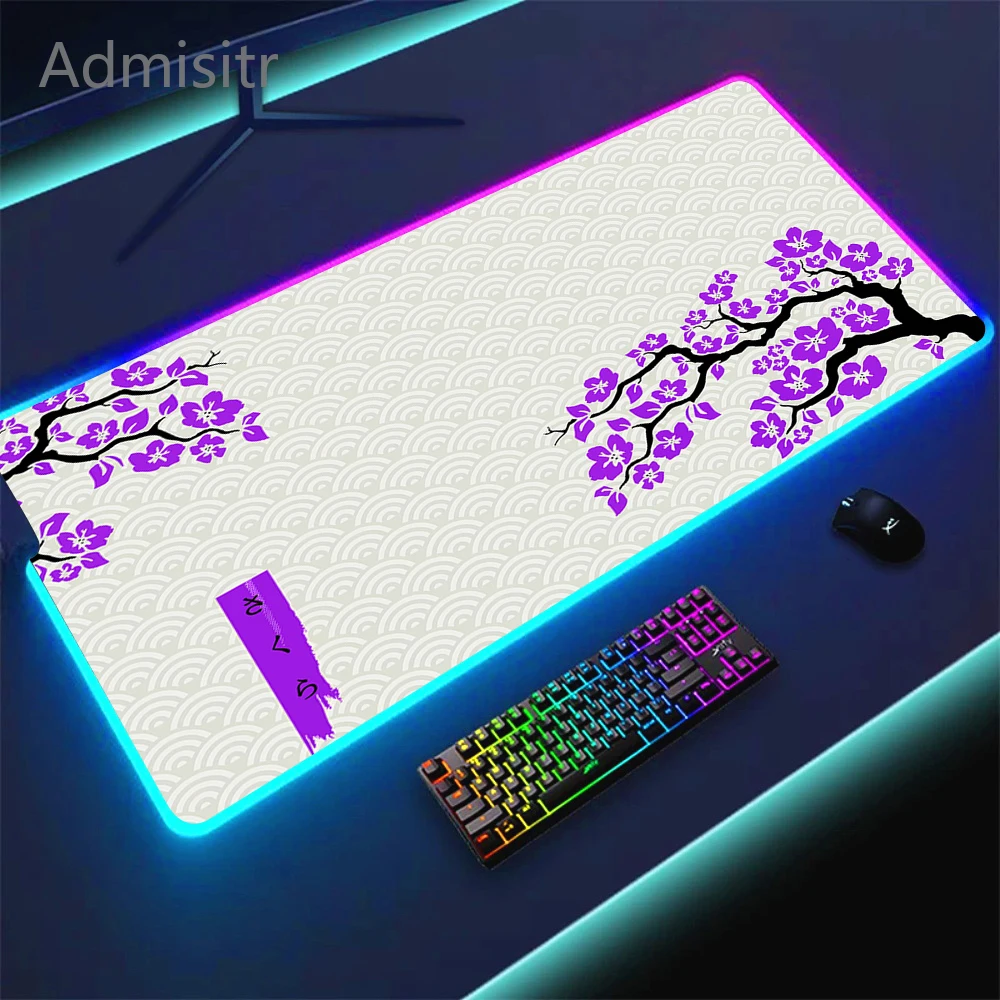 XXL Large Size Keyboard Desk Mat Japanese Cherry Blooms HD Mousepad RGB Purple Sakura LED Table Pad Office Pc Gaming Cabinet mat — XXL