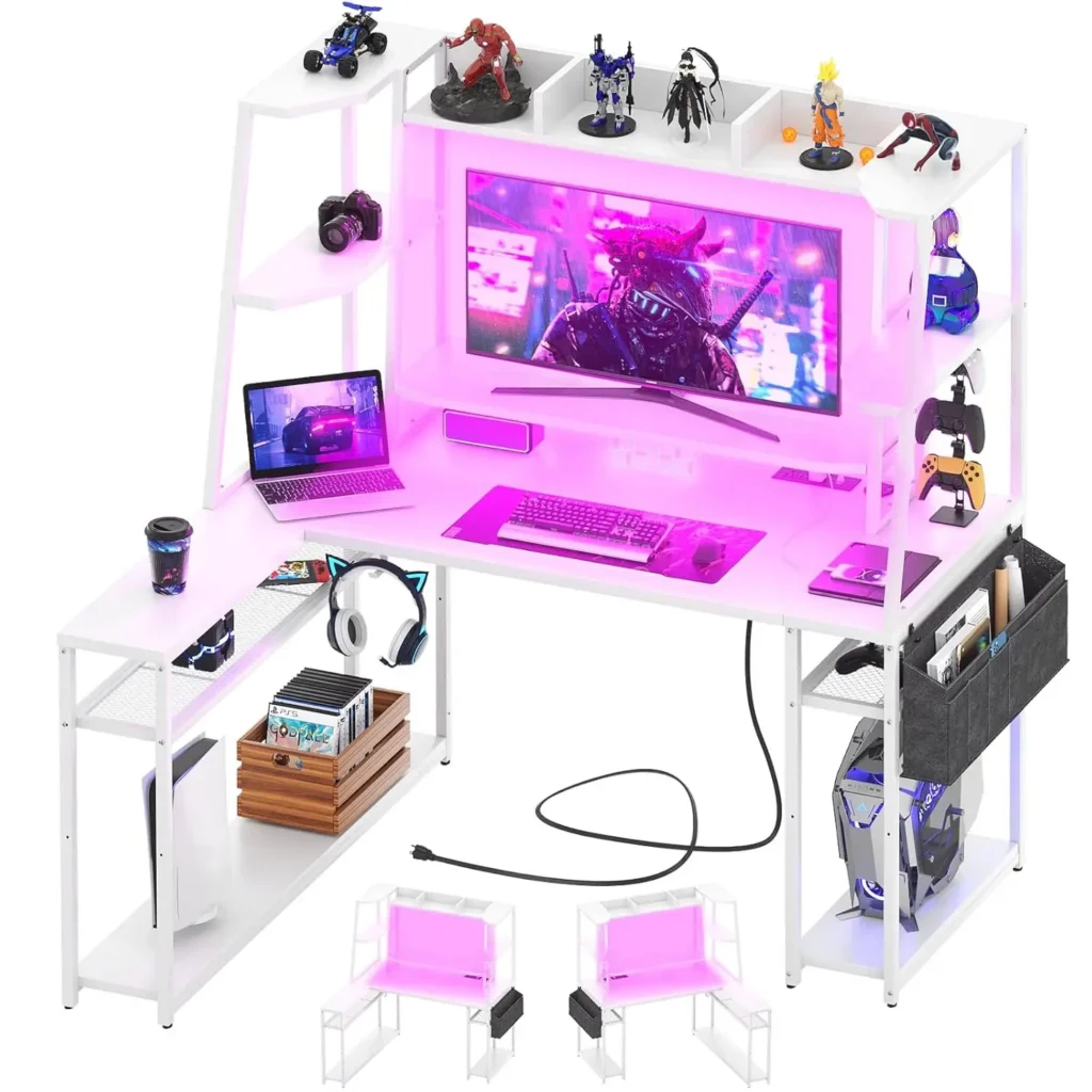 L Shaped Gaming Desk with Hutch & Shelves, 47'' Gaming Computer Desk with LED Lights & Power Strips, Reversible PC, Customized — L