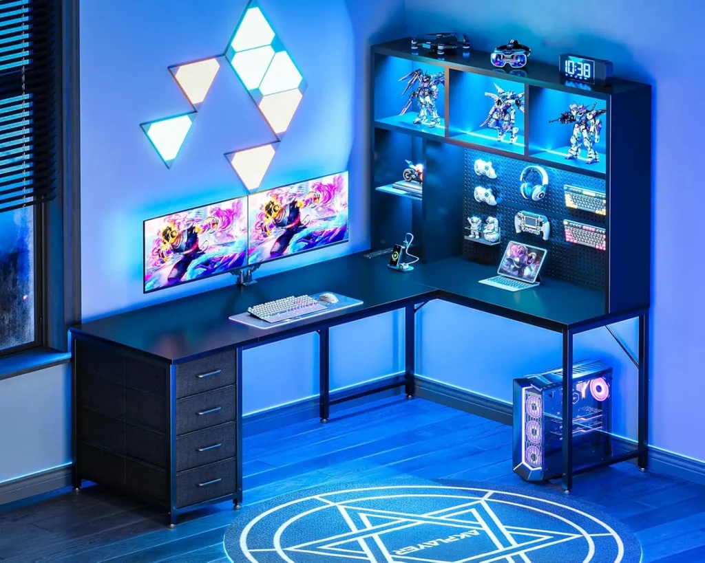 63" L Shaped Gaming Desk with Hutch, Pegboard & Shelves, L Shaped Desk with 4 Drawers, Integrated LED Light Strip &, Customized — Generic