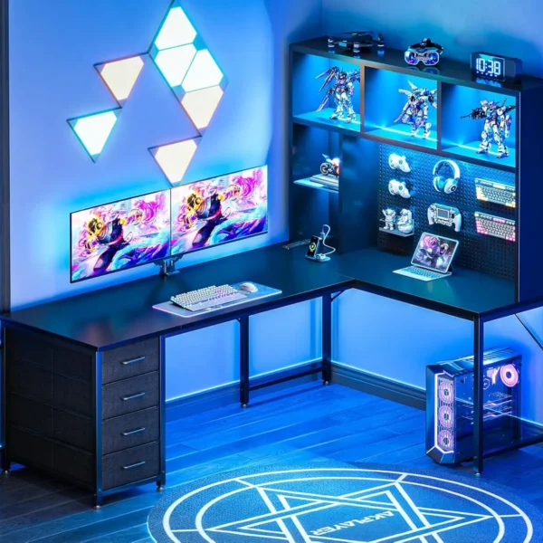 63" L Shaped Gaming Desk with Hutch, Pegboard & Shelves, L Shaped Desk with 4 Drawers, Integrated LED Light Strip &, Customized — Generic