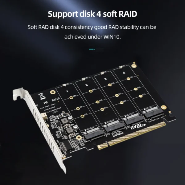 4 Port M.2 NVME SSD To PCIE X16 Hard Drive Converter Support 2230/2242/2260/2280 Host Controller Expansion Card LED Indicator — Generic