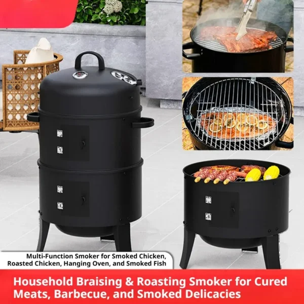 3-Tier Charcoal Smoker Grill, Outdoor & Home Hanging BBQ Smoker, Portable Barbecue Grill — Generic