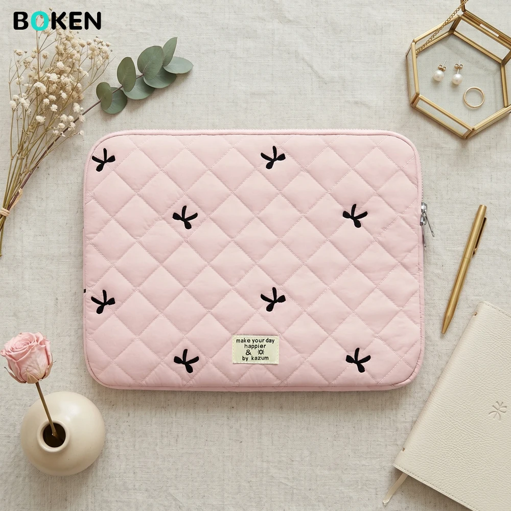 Pink Bow Quilted Laptop Sleeve Fashion Protective Cover for 13-15.6 Inch MacBook Pro/Air HP Dell Lenovo Women's Notebook Bag — MAC
