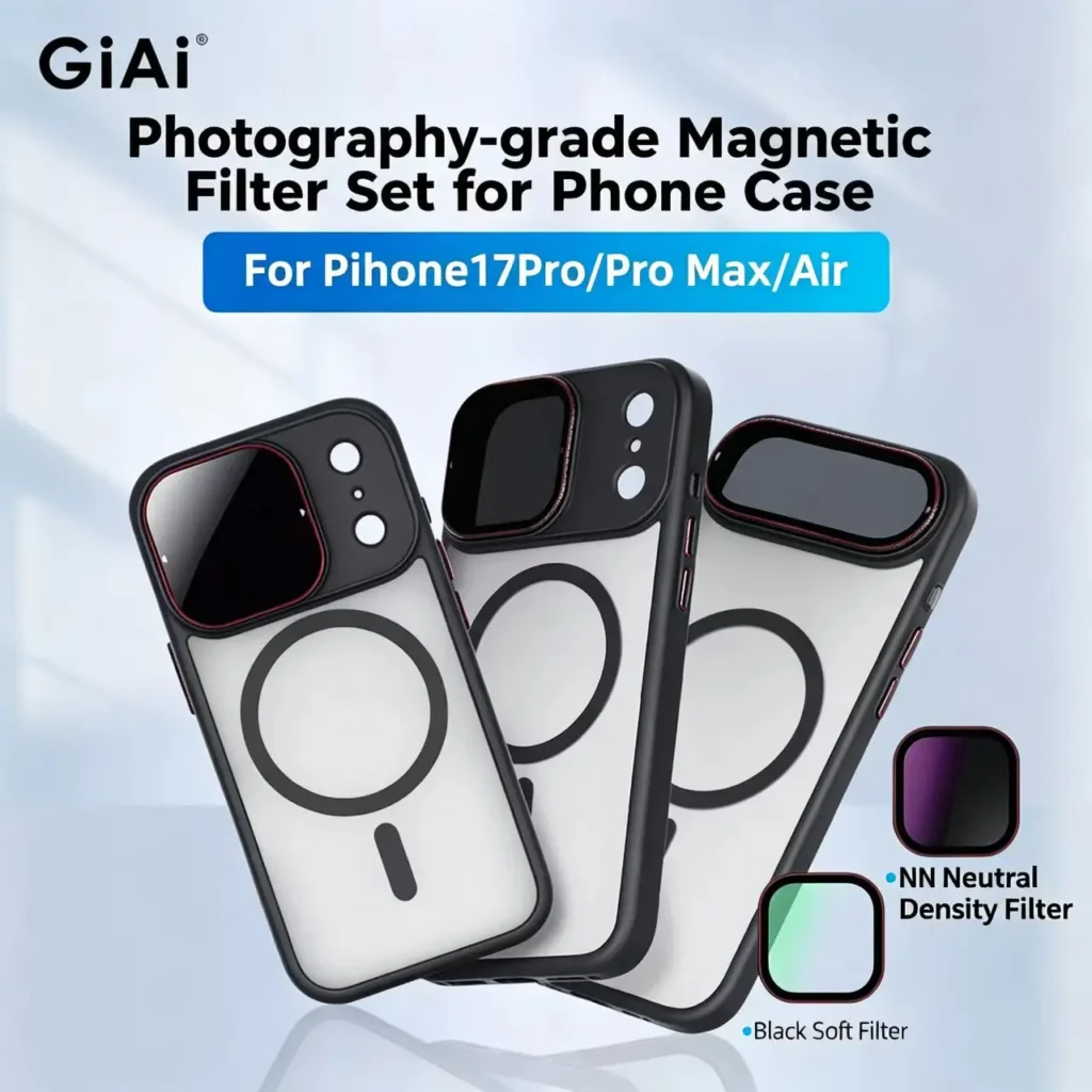 Magnetic attachment filter set for iPhone 17 Pro, including black soft adjustable CPL polarizing lens and UV filter — Magnetic
