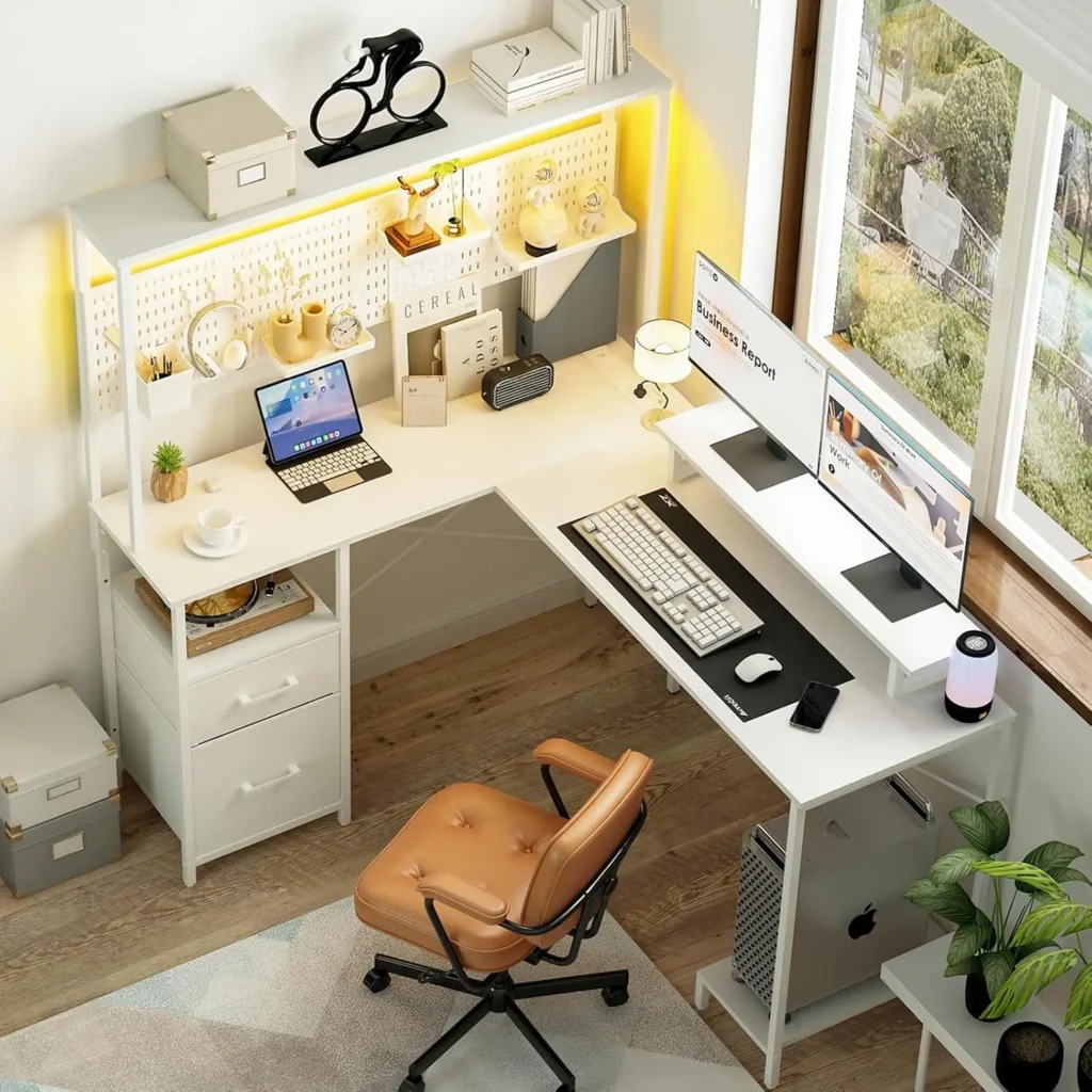 L Shaped Gaming Desk with Pegboard, Reversible Computer Desk with Drawers & Storage Shelves, LED Lights & Power, Customized — L