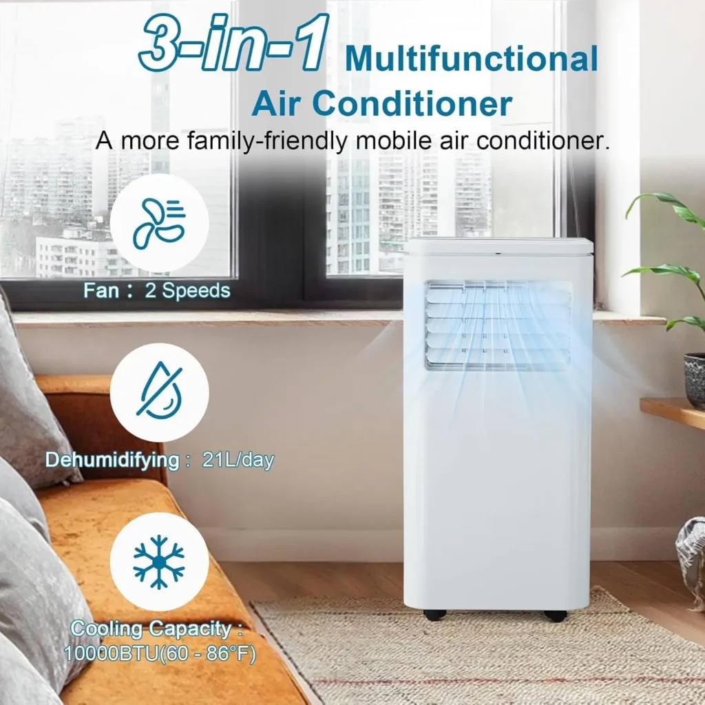 10,000 BTU Portable Air Conditioner - 3-in-1 Cooling, Dehumidifying & Fan Ultra-Quiet Indoor AC Unit, Remote Control for Bedroom — Generic