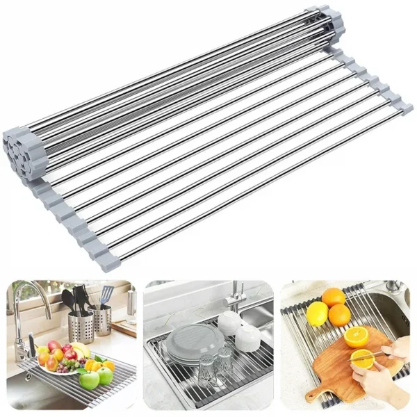 Stainless Steel Dish Drain Storage Roll Up Dish Drying Racks Iron Kitchen Utensils Storage Foldable Drain Basket Kitchen Rack — Stainless