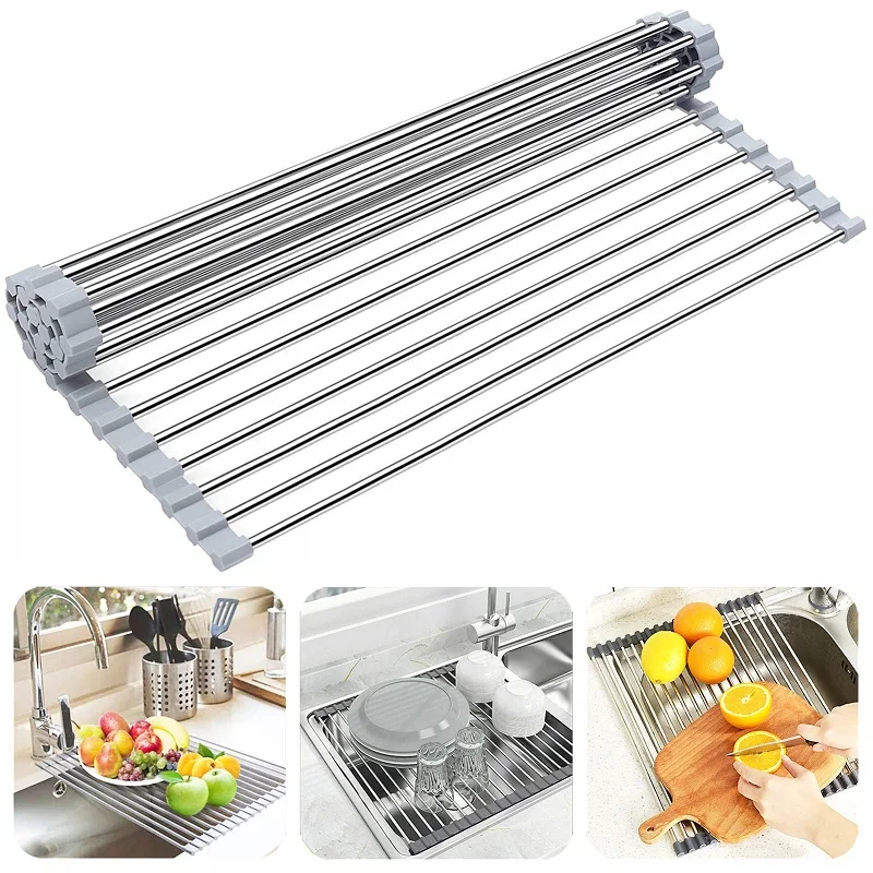 Stainless Steel Dish Drain Storage Roll Up Dish Drying Racks Iron Kitchen Utensils Storage Foldable Drain Basket Kitchen Rack — Stainless