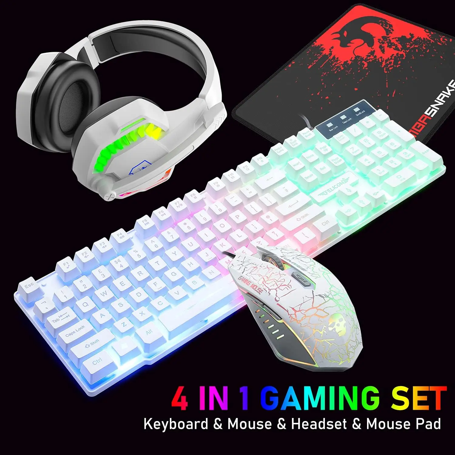 S739fa81f4f744fdcbb752d8ba91a53d34-1.webp MAMBASNAKE T11 UK 100% Gaming Keyboard&Mouse&Headset&Mouse Pad Combo Set Rainbow Backlit Keyboard, 2400DPI 4 Buttons USB Wired — MAMBASNAKE