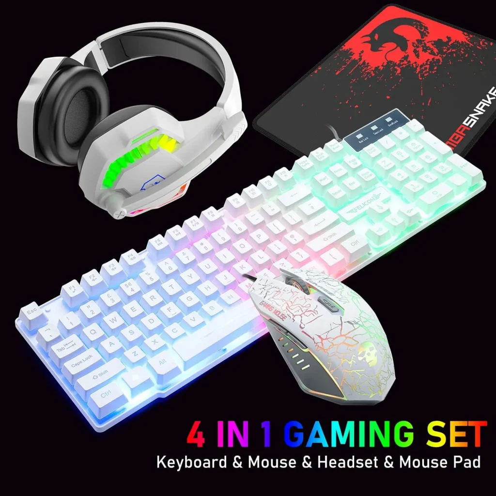 MAMBASNAKE T11 UK 100% Gaming Keyboard&Mouse&Headset&Mouse Pad Combo Set Rainbow Backlit Keyboard, 2400DPI 4 Buttons USB Wired — MAMBASNAKE