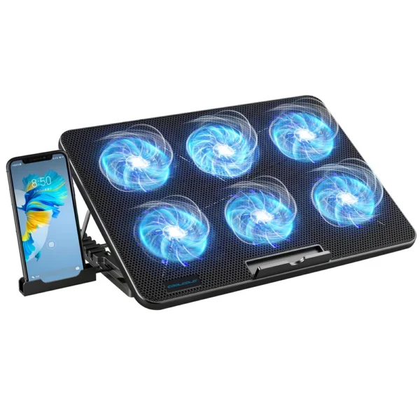Coolcold 15.6-17.3inch Laptop Cooling Pad with 6 Quiet Fans,7 Height Wind Speed Adjustable,Laptop Cooer With Mobile Phone holder — Coolcold