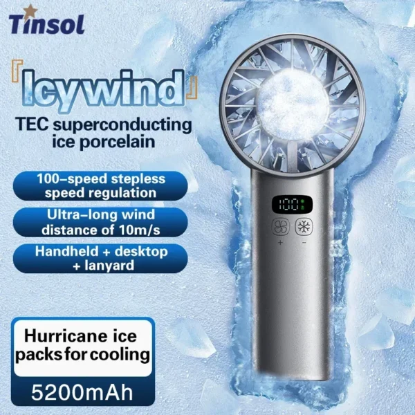 TINSOL Ice-cooling high-speed handheld fan 5200mAh portable mini fan, suitable for travel, camping, and outdoors — TINSOL