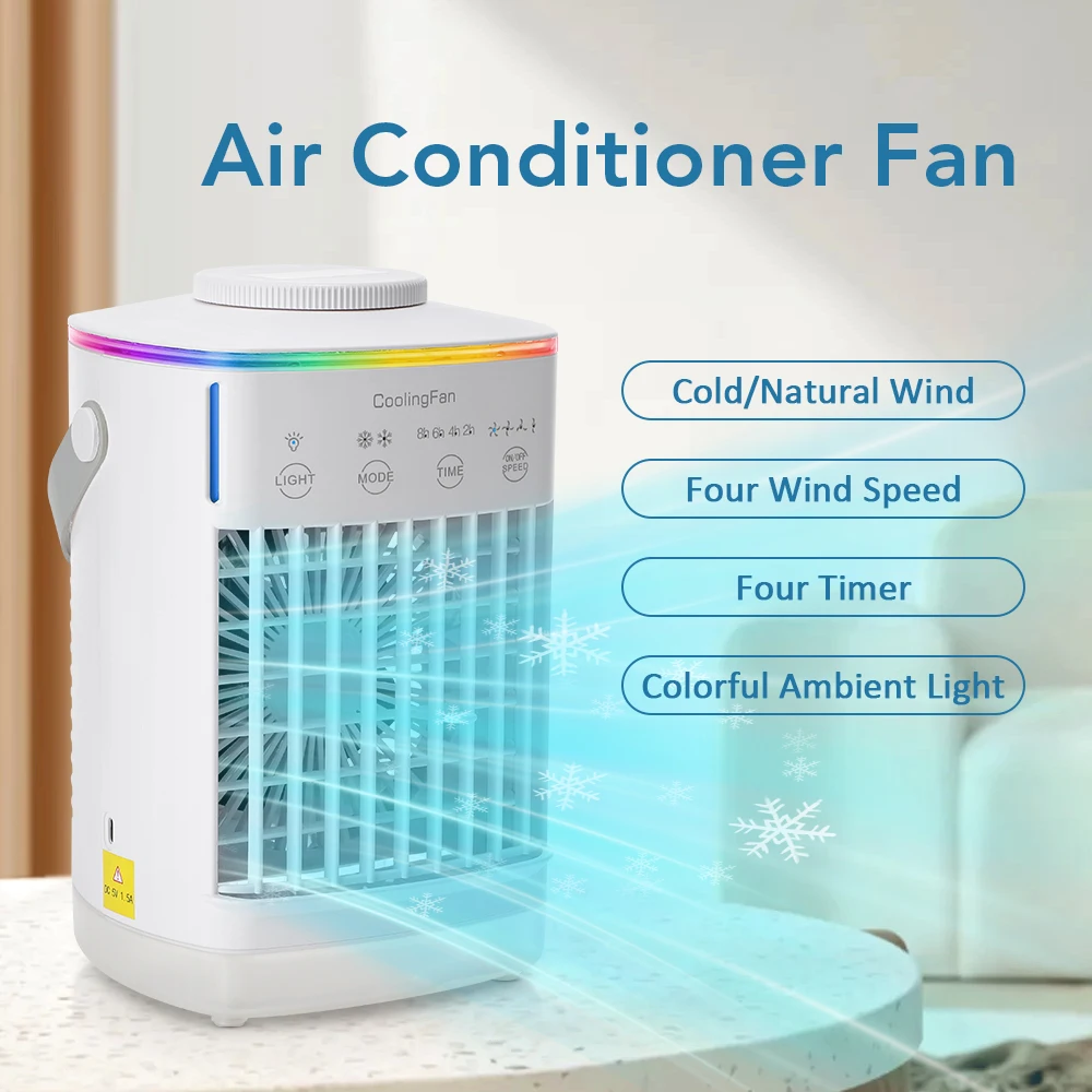Portable Air Conditioner with Colorful Atmosphere Light Water Cooling Fan USB Table Fan 700ml Water Tank Desktop Fan Humidifier — Portable