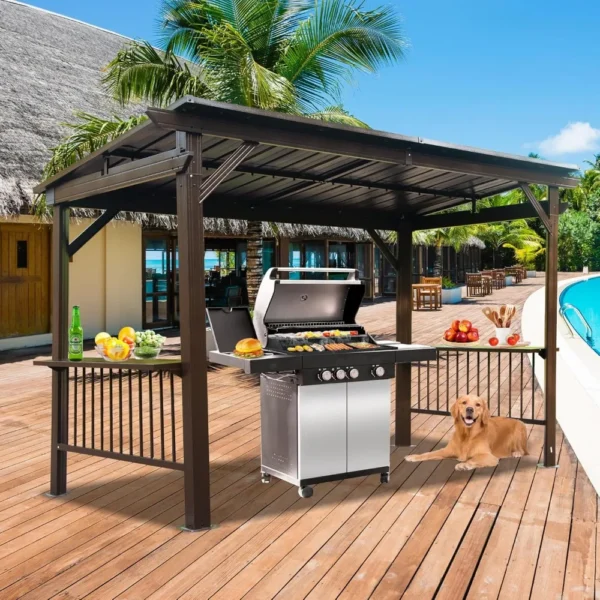 6.5x12FT Hardtop Grill Gazebo, All-Weather Outdoor BBQ Gazebo with 2 Side Shelves and 4 Ceiling Hook, Galvanized Steel Pitched R — Generic