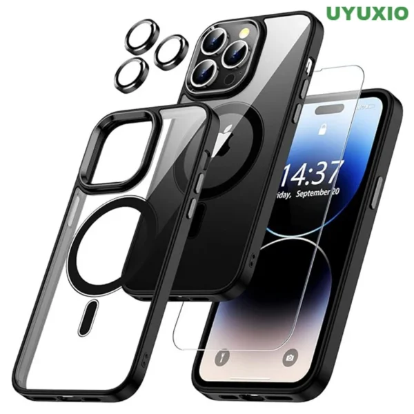 Clear Black Magnetic Case for iPhone 17 16 15 14 Pro Max Plus 13 12 Mini 11 with Screen Protector Lens Protector Mobile Cases — Clear