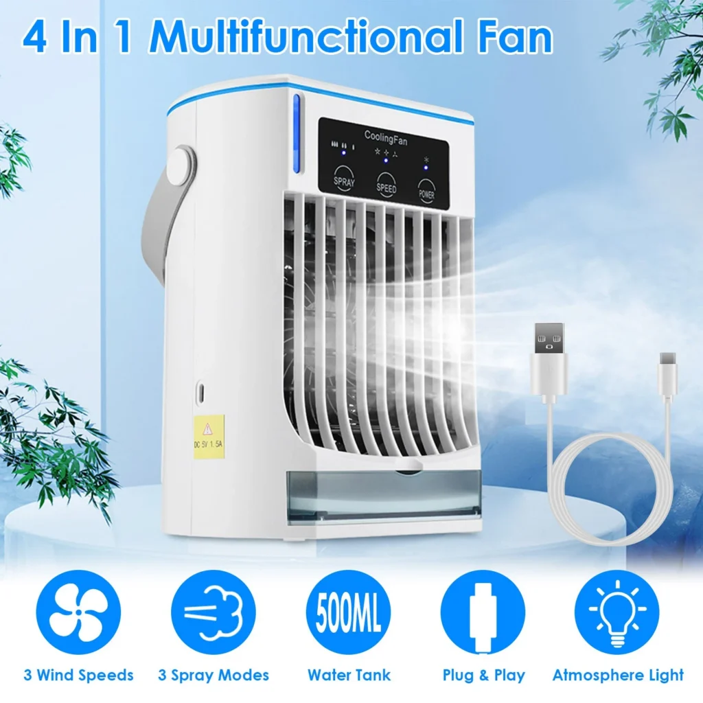 Portable Evaporative Air Conditioner Fan 3 Speed Spray Personal Cold Mist Air Cooler Table Fan For Home Office Room — Portable