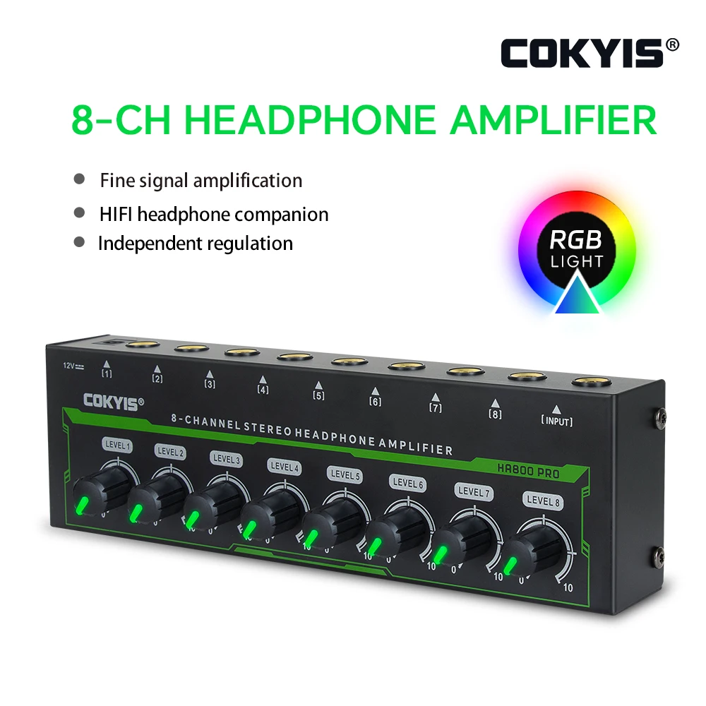 HA800 PRO Audio Amplifier 8 Channels Mini Stereo Headphone Amplifier for Studio Mixing Home KTV headphone with Power Adapter RGB — HA800