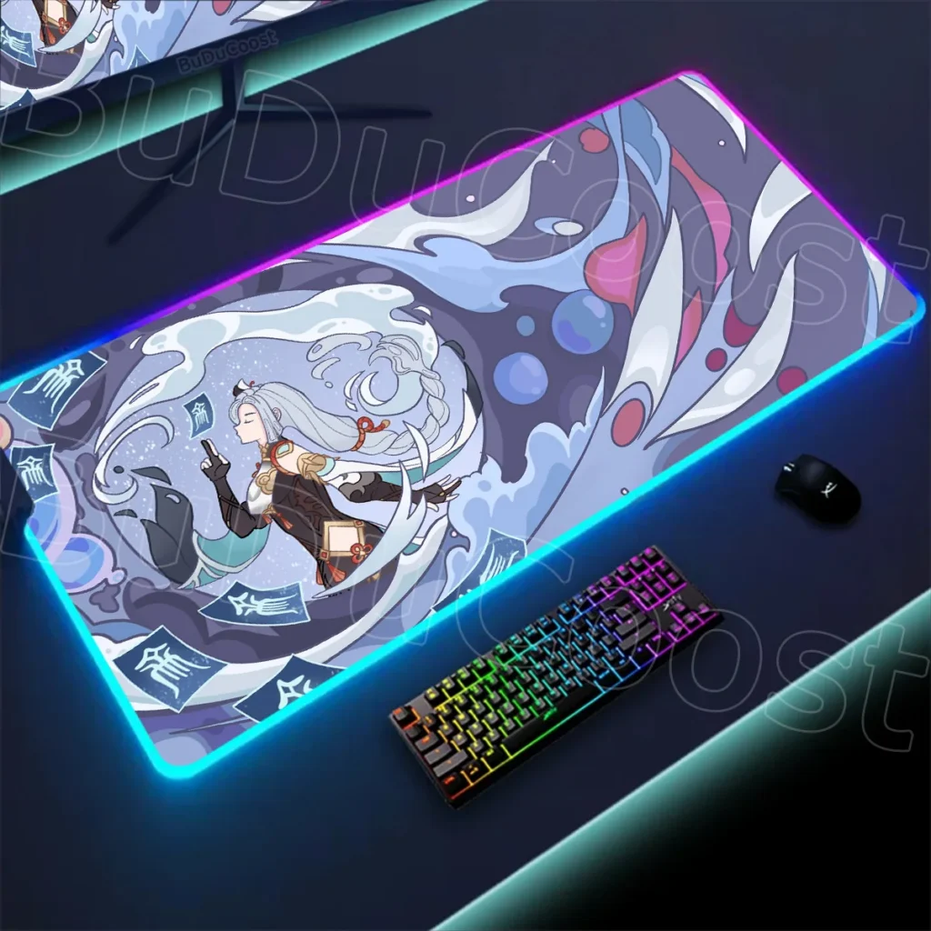 RGB Genshin Impact HD Locking Edge Ayaka Kokomi Mouse Pad LED Table Mat Backlit Gaming Accessories Aesthetic Decoration Desk Rug — RGB