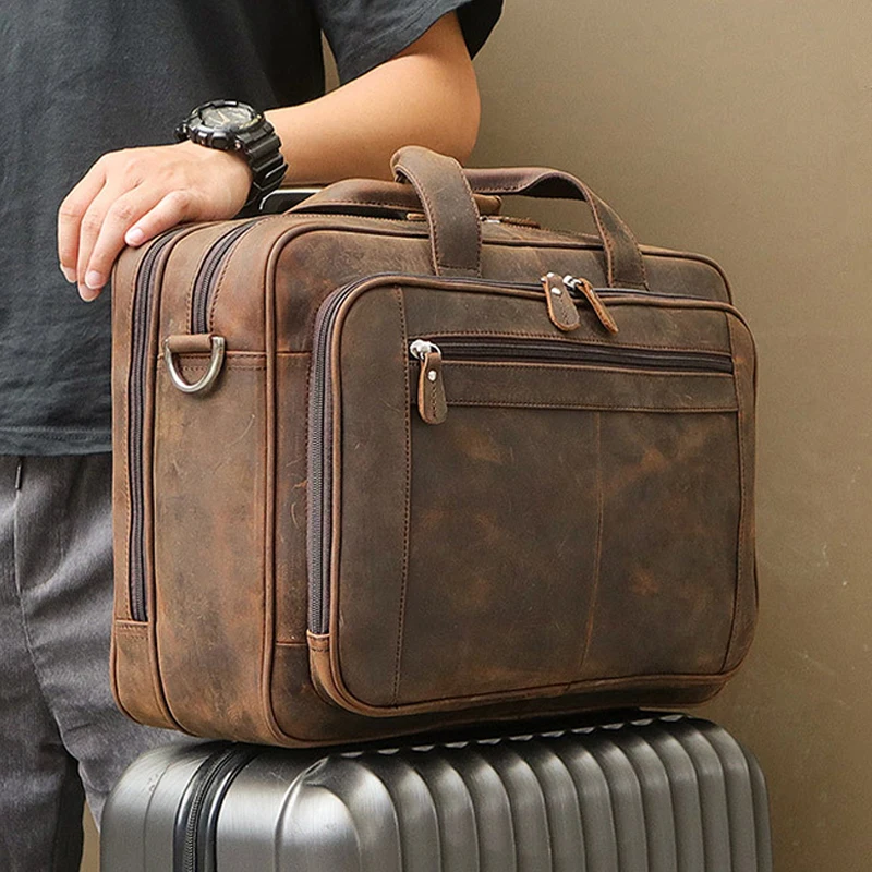 S92813f9621c34feda7f58ad15bf3c257z.webp High Quality Genuine Leather Men Briefcase Business bag Crazy Horse Leather Large 17"inch Laptop Bag male Portfolio Office Case — High