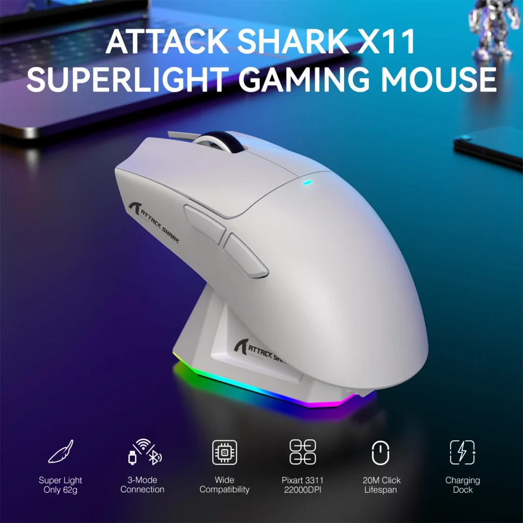 ATTACK SHARK X11 Lightweight Wireless Gaming Mouse with RGB Backlight Charging, Up to 22K DPI, PAW3311 Optical Sensor, HUYU Swit — Shark