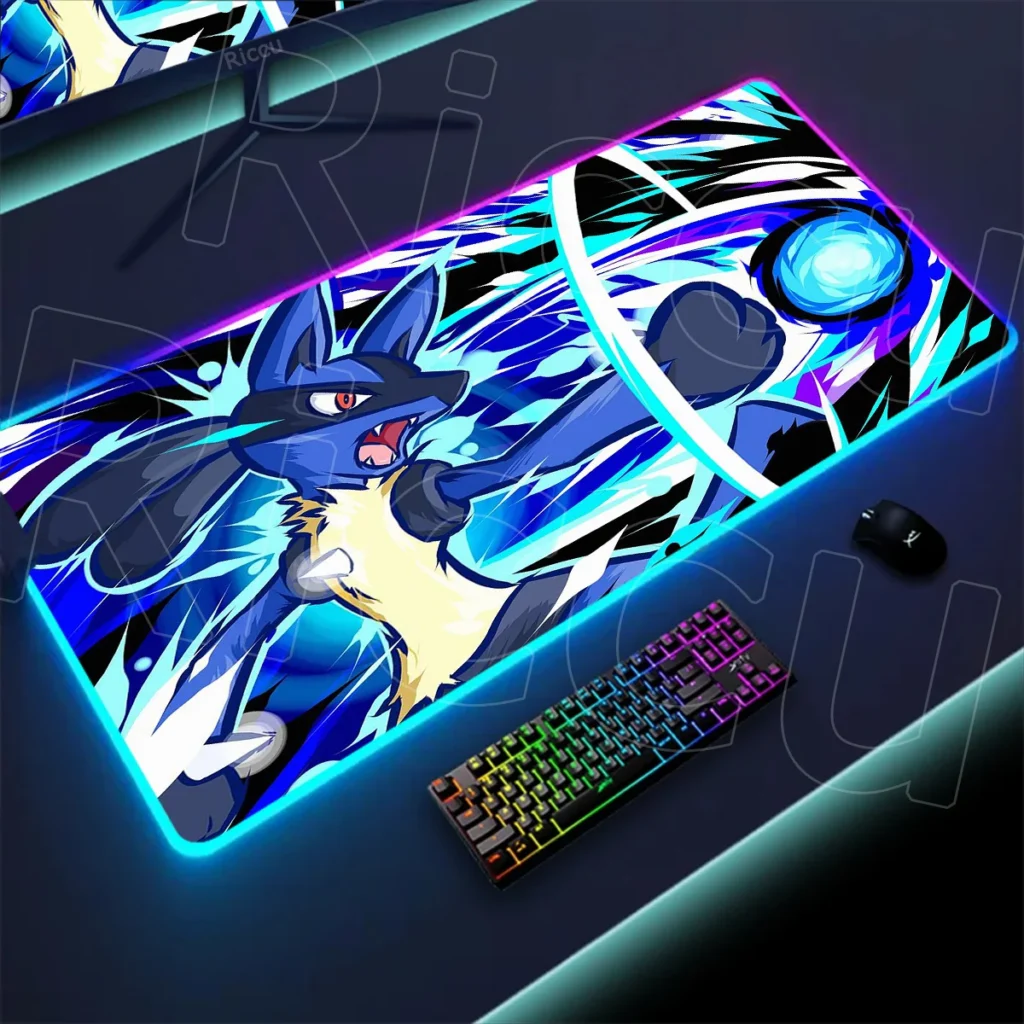 RGB Gaming Mouse Pad Mouse Pad Anime Pc Accessories Mousepad P-pokemon Lucario Xxl Mat Gamer LED Large Desk Mat Non-slip Playmat — RGB