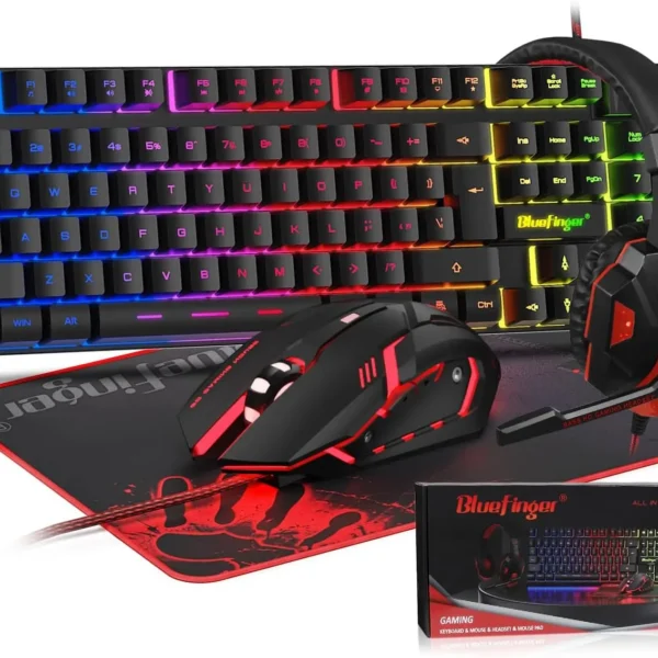 RGB Gaming Keyboard, Mouse & Headset Combo, USB Wired Backlit LED Set with Microphone for PC Laptop Game Work — RGB