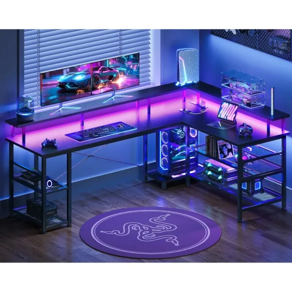 66" L Shaped Gaming Desk with Power Outlet and LED Lights, PC Gaming Table with Carbon Fiber Texture, Reversible L, Customized — Generic