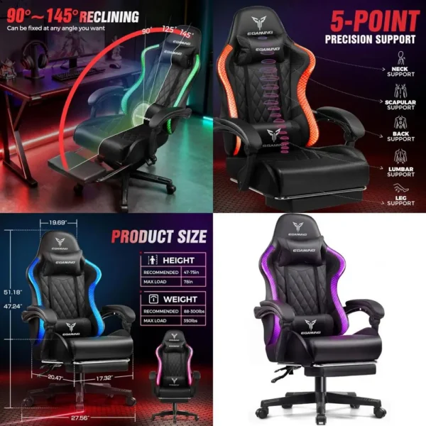 Ergonomic High-Back PU Leather Gaming Chair with RGB LED, Lumbar Support, and 150° Recline for Adults — Ergonomic