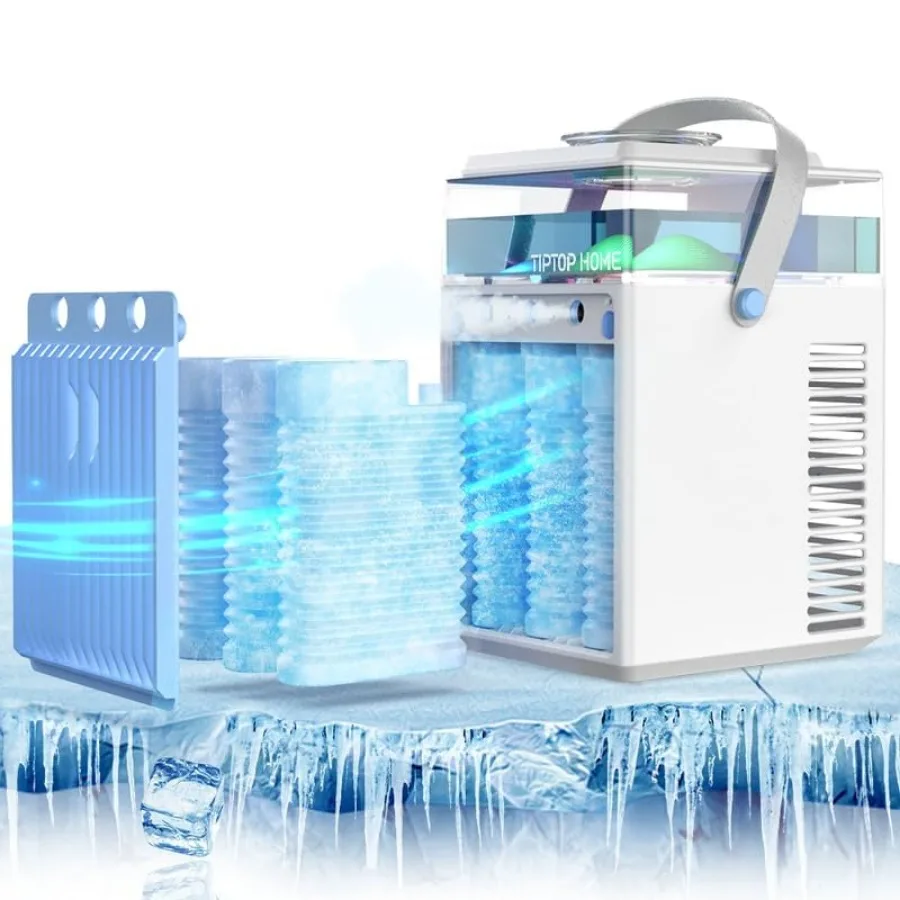 Portable Air Conditioner Fan, Rechargeable 5-IN-1 Personal Mini Cooler Humidifier, 3-Speed Evaporative Air Cooler with 7 Color — Portable