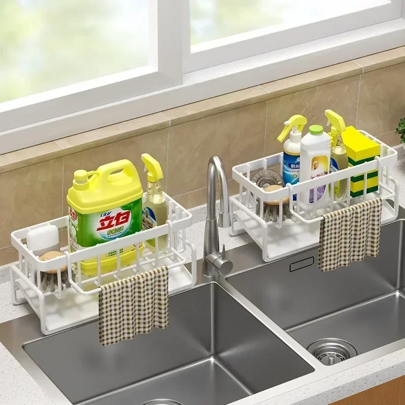 Space Saving Kitchen Sink Dish Rack Sponge Holder Water Drain Basket Countertop Storage Organizer for Cleaning Supplies — Space