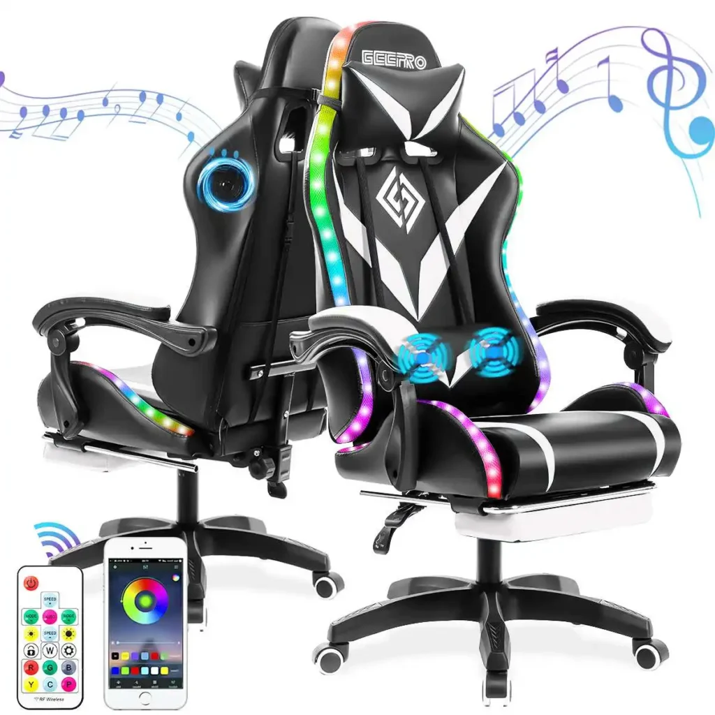 135 Degrees Gaming Chair RGB Light Office Chair Bluetooth Speaker Gamer Computer Chair Ergonomic Swivel 2 Point Massage Recliner — Sage
