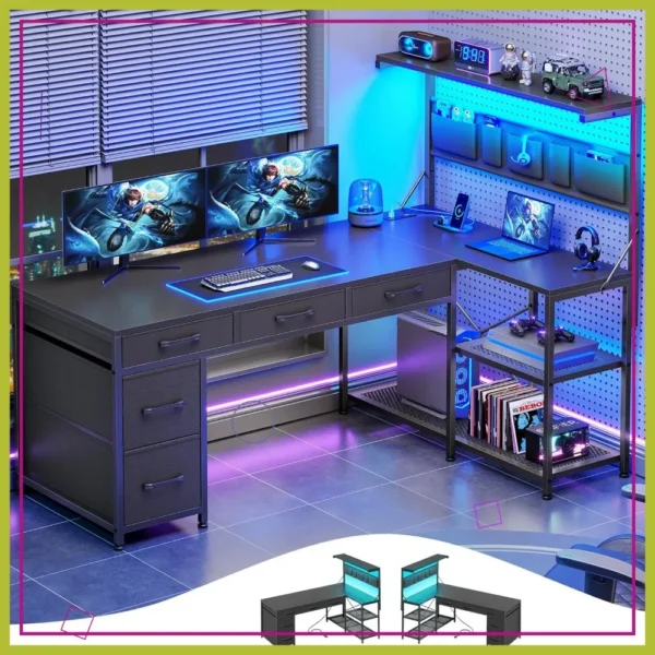 L Shaped Gaming Desk with LED Lights, Power Outlets, 5 Drawers & Storage Shelves - Reversible Corner Desk for Home Office — L