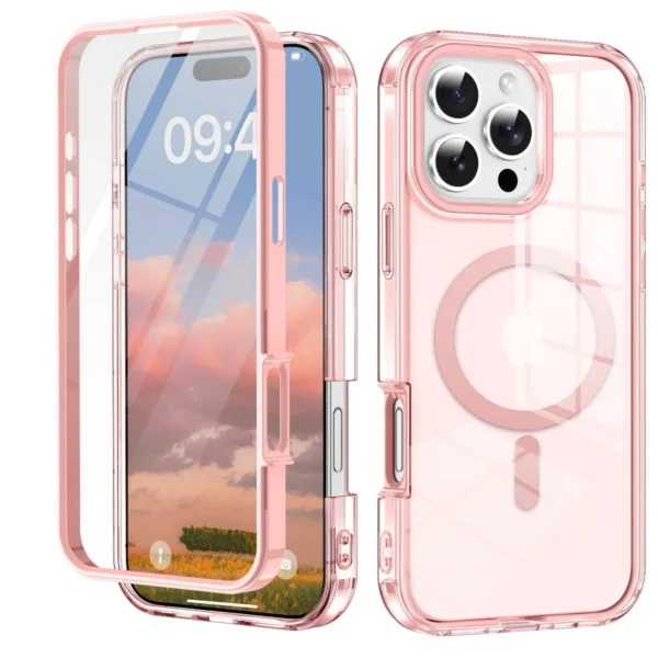 For iPhone 17/16e/15/14/13/12/11 Pro Max/Air Full Body Shockproof Case with Magnetic Built-in Screen Protector Transparent — For