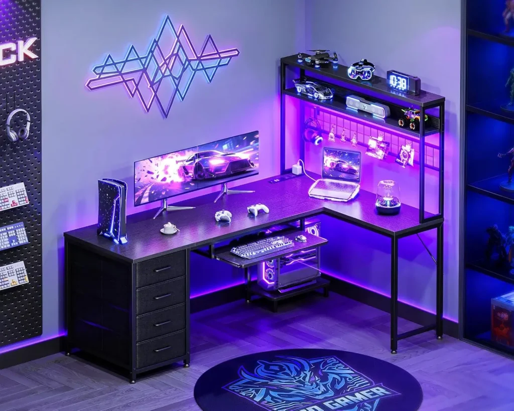 Desk with 4 Drawers, Gaming Desk with Led Lights & Power Outlets, Computer Desk with Pegboard, Customized — Desk