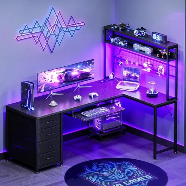 Desk with 4 Drawers, Gaming Desk with Led Lights & Power Outlets, Computer Desk with Pegboard, Customized — Desk