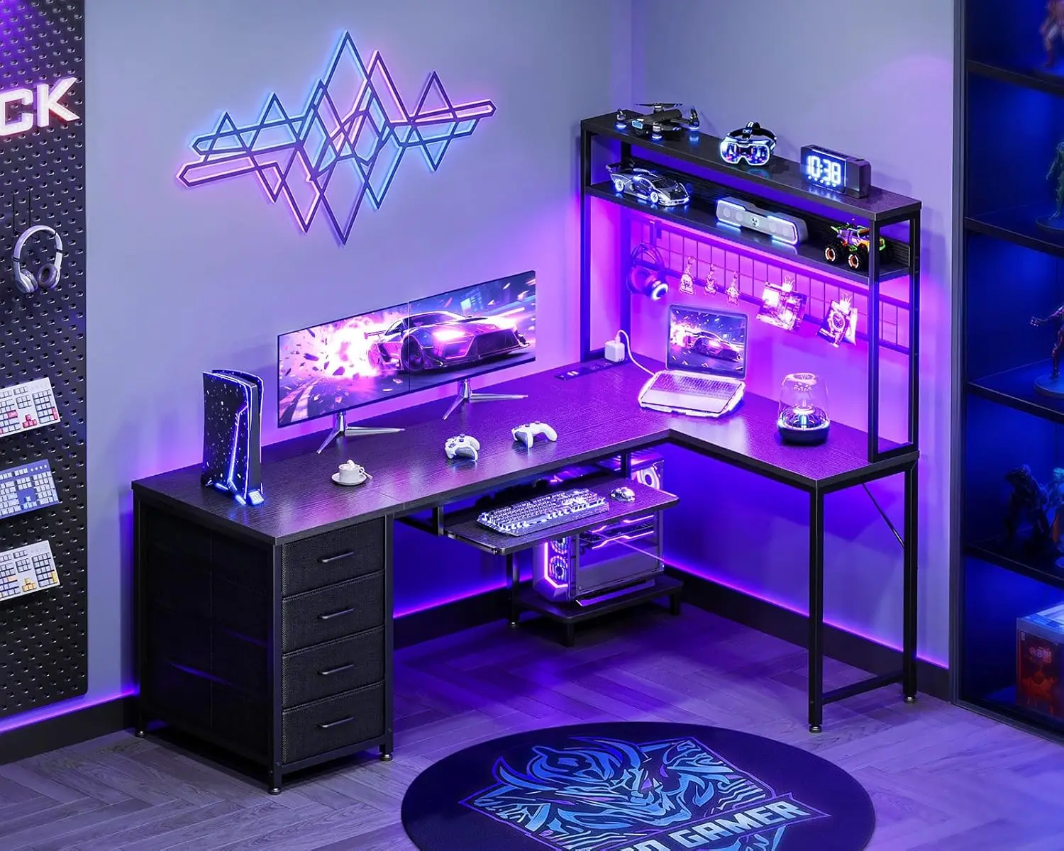 Sd6eee9ade2a344bdb65542f0f302f55er.webp Desk with 4 Drawers, Gaming Desk with Led Lights & Power Outlets, Computer Desk with Pegboard, Customized — Desk