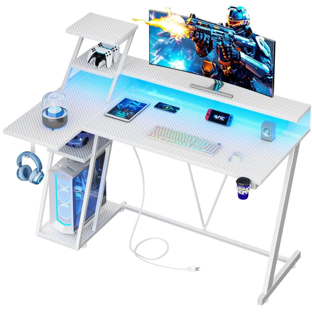 47 Inch White Gaming Desk with LED Lights & Power Outlet, L Shaped Gaming Table with Storage Shelves, Gamer, Customized — Generic
