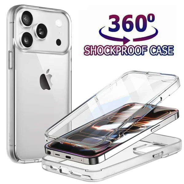 360 Full Body Double Claer Phone Case For iPhone 17 12 13 16 Pro Max Air 14 15 Plus 16E PC+TPU Shockproof Screen Protector Cover — Generic