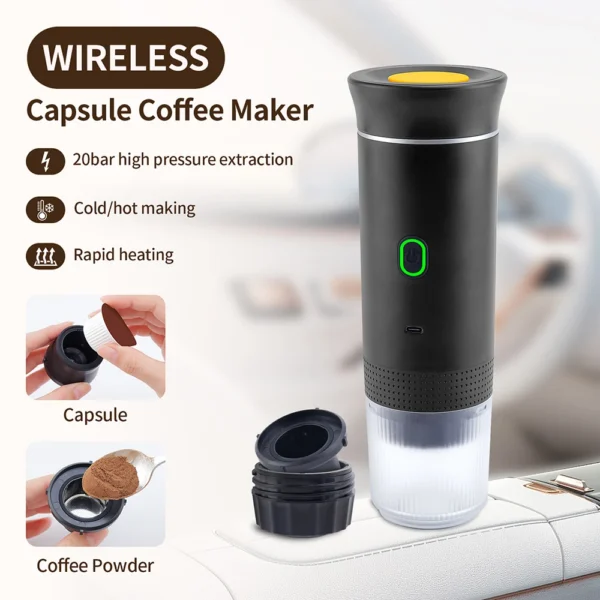 Wireless Electric Portable Espresso Coffee Machine for Car & Home Camping Coffee Maker 3-in-1 Capsule Powder Travel Coffee Maker — MAC