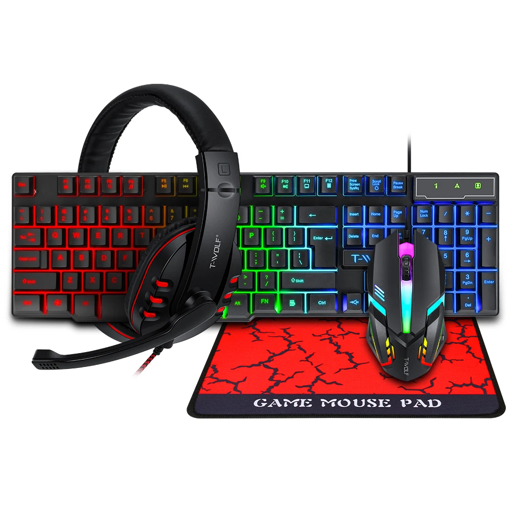 TF800 Four-piece Gaming Combo 104 Keys Keyboard 4-color Breathing Light Mouse 3.5mm Gaming Headset Anti-slip Mouse Pad — TF800