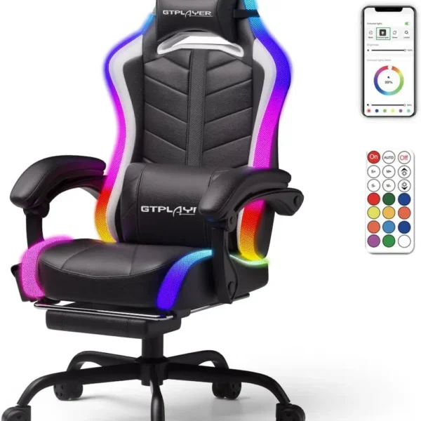 RGB LED Gaming Chair with Bluetooth Speakers, Ergonomic High Back Design, Adjustable Armrests & Footrest for Comfort — RGB