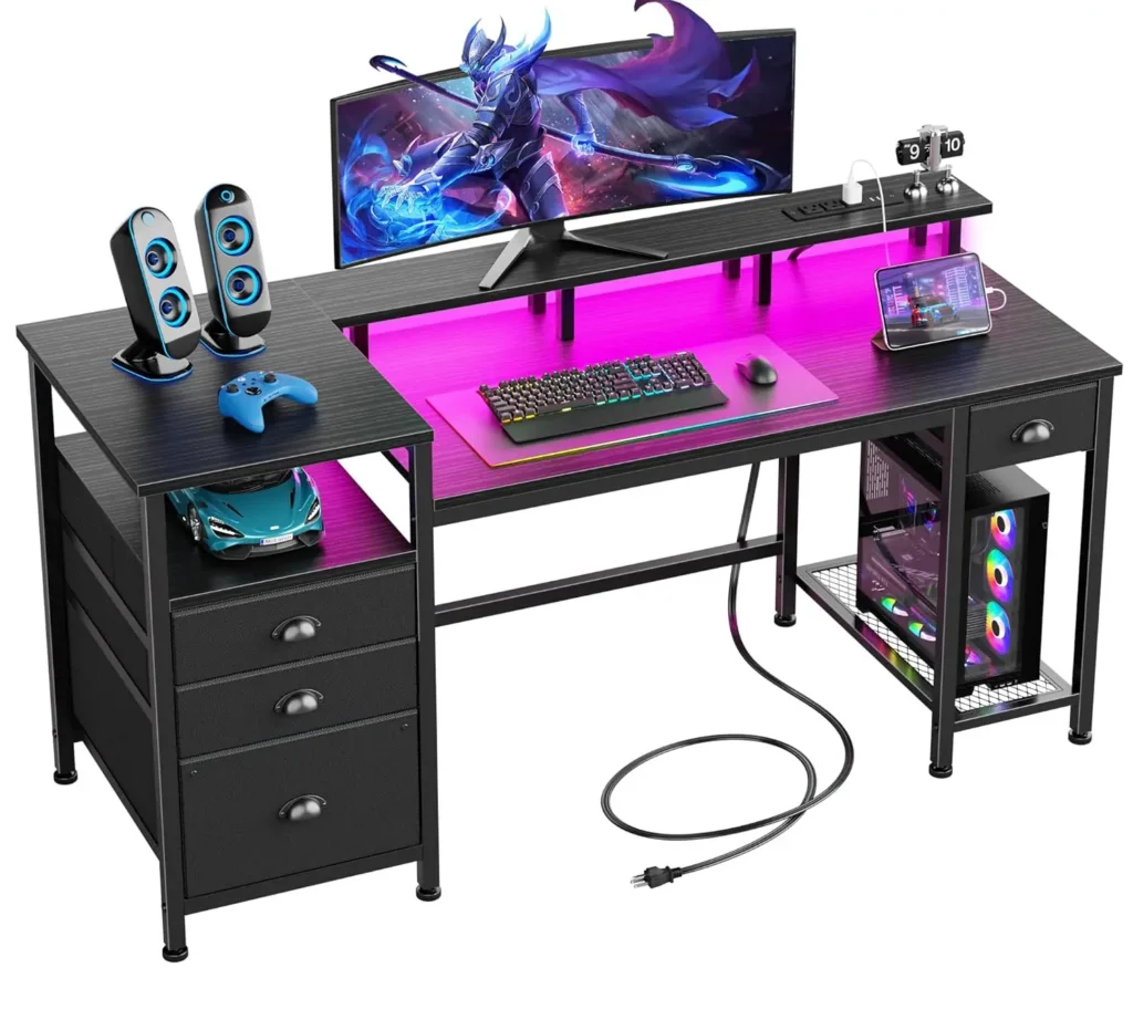 60" Black Computer Desk with 4 Drawers and Printer Space, Gaming Desk with LED Lights and USB Power Outlets, Home, Customized — Generic