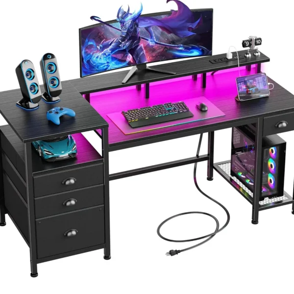 60" Black Computer Desk with 4 Drawers and Printer Space, Gaming Desk with LED Lights and USB Power Outlets, Home, Customized — Generic