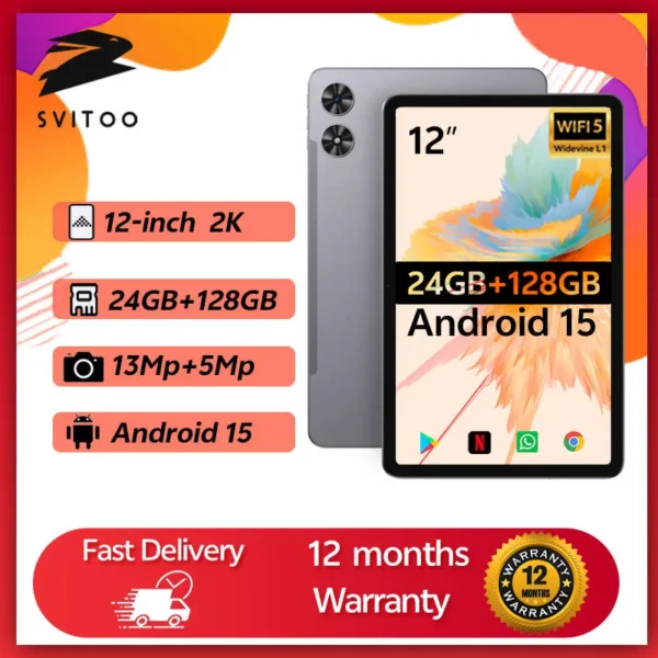 SVITOO 12 Inch Android 15 Tablet 2025 2K Display Octa-Core Processor 24GB RAM 128GB ROM 8000mAh WiFi 5 BT 5.0 GPS Widevine L1